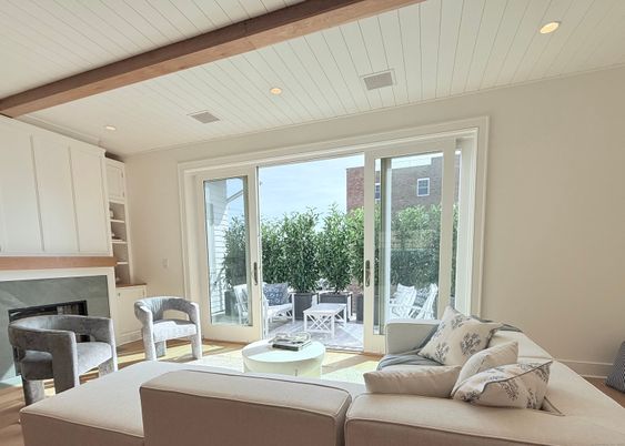 Fireplace, Interior, Living room, Recessed Lighting, Wooden Beams, Wood Texture Flooring