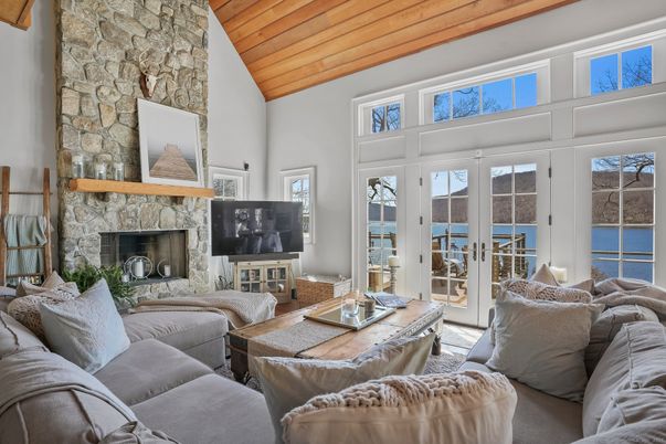 Fireplace, Interior, Living room, Stone Walls, Water, Wooden Ceilings