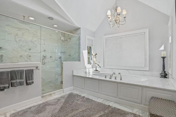 Bathroom, Chandelier, Dual Sink Vanities, Glass Shower, Interior, Marble, Marble Walls, Recessed Lighting