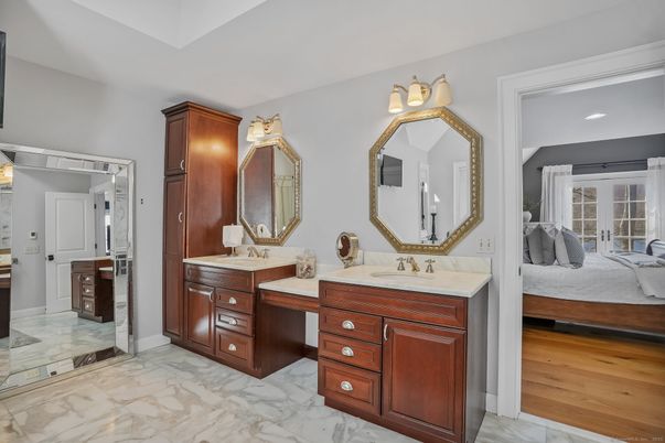 Bathroom, Bedroom, Dual Sink Vanities, Interior, Marble, Recessed Lighting