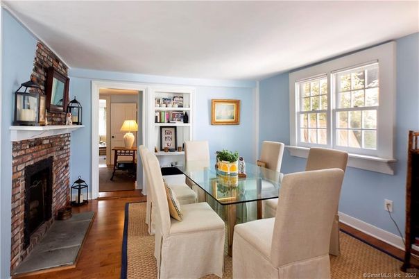 Dining room, Fireplace, Interior, Wood Texture Flooring