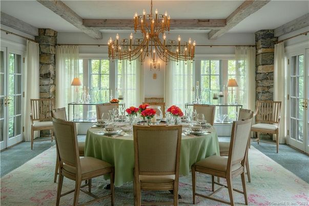 Chandelier, Dining room, Interior, Stone Walls, Wooden Beams