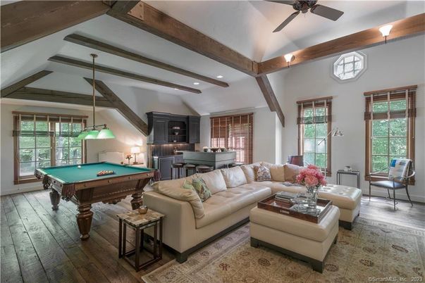 Billiard Table, Game Room, Interior, Living room, Pendant Lights, Piano, Recessed Lighting, Wooden Beams, Wood Texture Flooring
