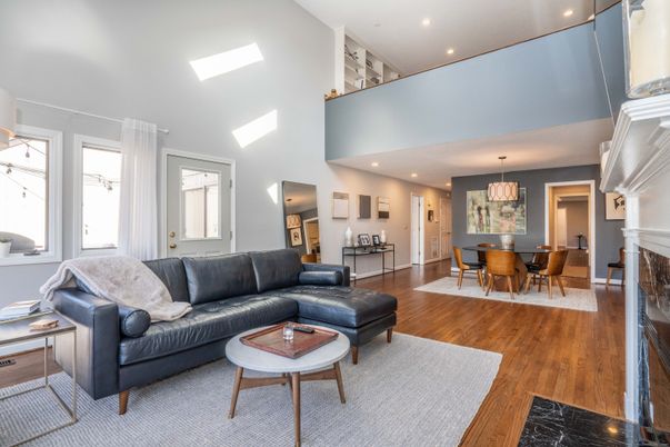 Dining room, Fireplace, Interior, Living room, Recessed Lighting, Wood Texture Flooring