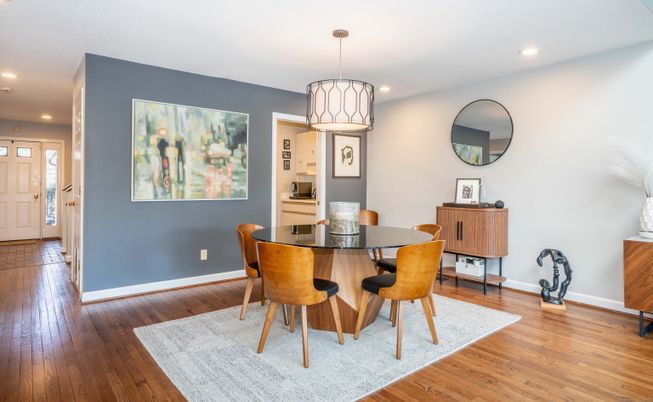 Dining room, Interior, Pendant Lights, Recessed Lighting, Wood Texture Flooring