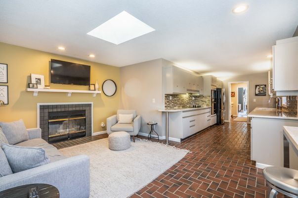 Fireplace, Interior, Kitchen, Living room, Recessed Lighting
