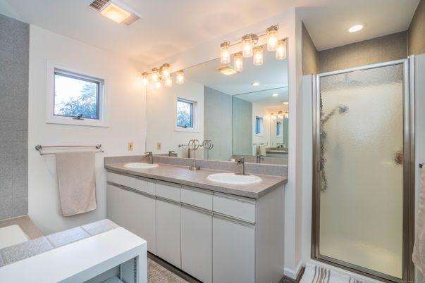 Bathroom, Dual Sink Vanities, Glass Shower, Interior, Recessed Lighting