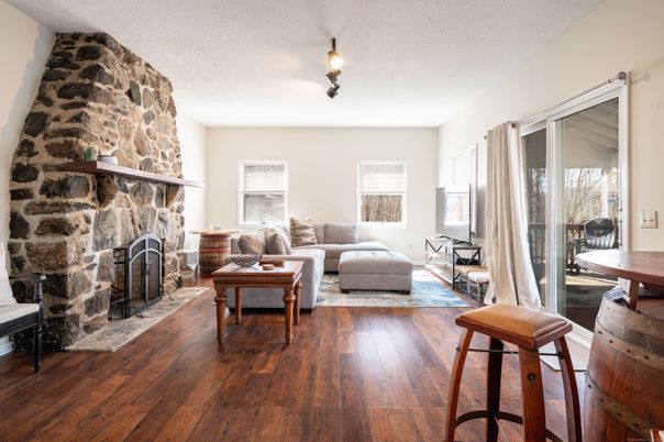 Fireplace, Interior, Living room, Stone Walls, Wood Texture Flooring