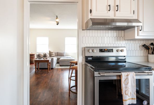 Interior, Kitchen, Living room, Stainless Steel Appliances, Wood Texture Flooring