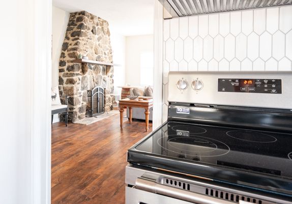 Fireplace, Interior, Kitchen, Stone Walls, Wood Texture Flooring