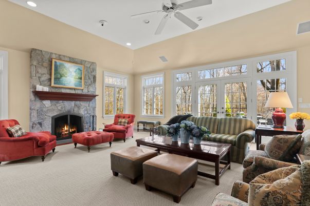 Fireplace, Interior, Living room, Recessed Lighting, Stone Walls