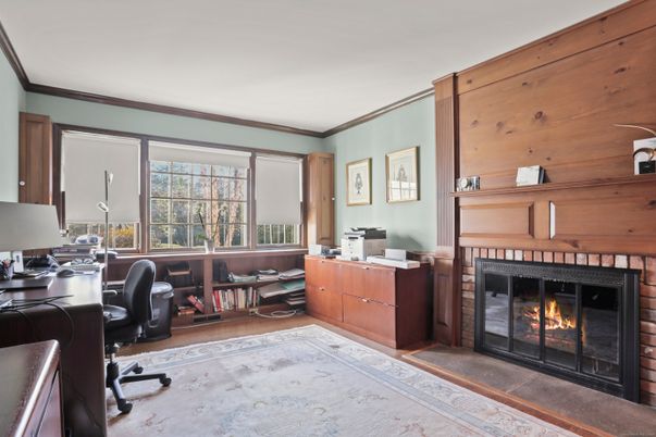 Fireplace, Home Office, Interior, Wood Texture Flooring, Wooden Walls