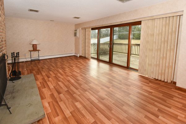 Empty room, Fireplace, Interior, Stone Walls, Wood Texture Flooring