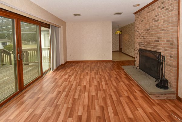 Empty room, Fireplace, Interior, Stone Walls, Wood Texture Flooring