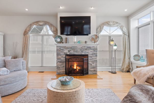 Fireplace, Interior, Living room, Recessed Lighting, Wood Texture Flooring