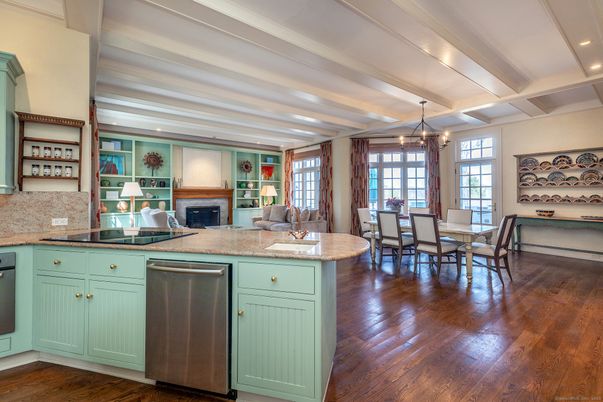 Dining room, Fireplace, Interior, Kitchen, Recessed Lighting, Wood Texture Flooring