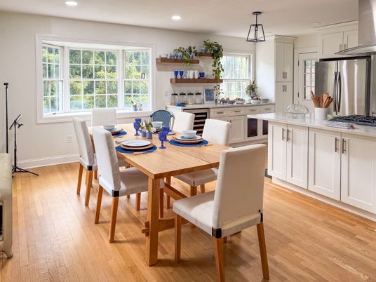 Dining room, Interior, Kitchen, Recessed Lighting, Stainless Steel Appliances, Wood Texture Flooring
