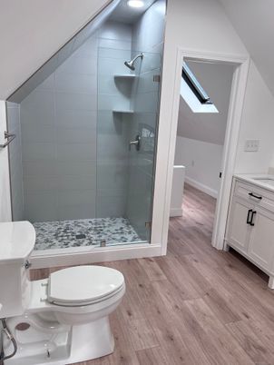 Bathroom, Glass Shower, Interior, Wood Texture Flooring