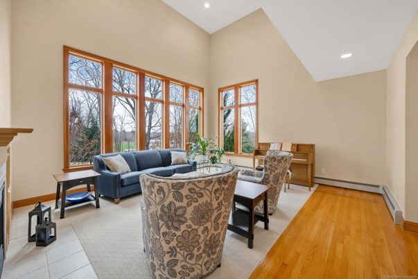 Dining room, Fireplace, Interior, Living room, Recessed Lighting, Wood Texture Flooring