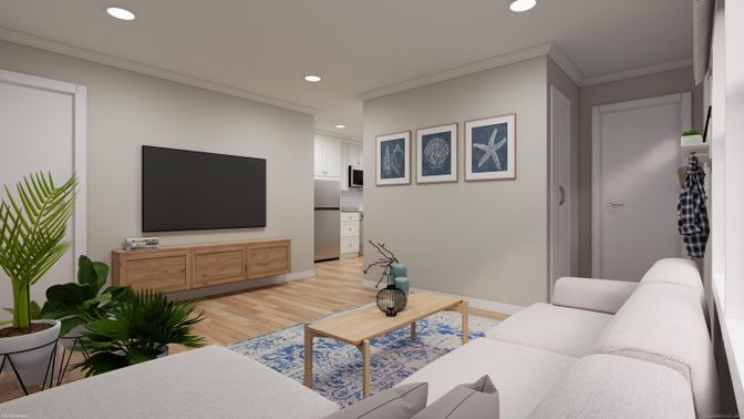 Interior, Kitchen, Living room, Recessed Lighting, Wood Texture Flooring