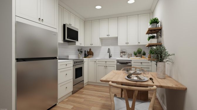 Interior, Kitchen, Recessed Lighting, Stainless Steel Appliances, Wood Texture Flooring