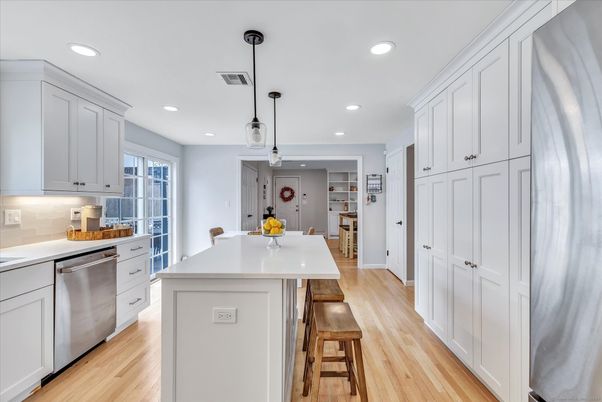 Interior, Kitchen, Pendant Lights, Recessed Lighting, Stainless Steel Appliances, Wood Texture Flooring