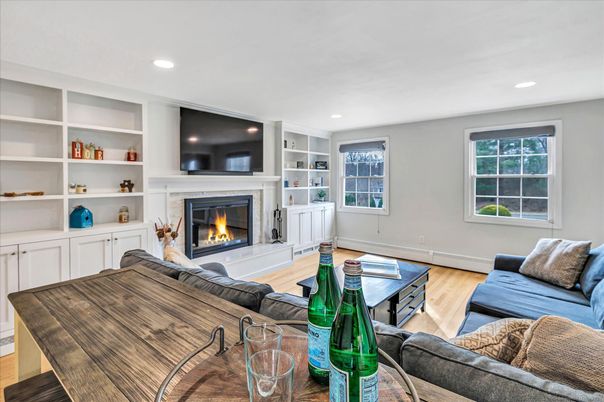 Fireplace, Interior, Living room, Recessed Lighting, Wood Texture Flooring