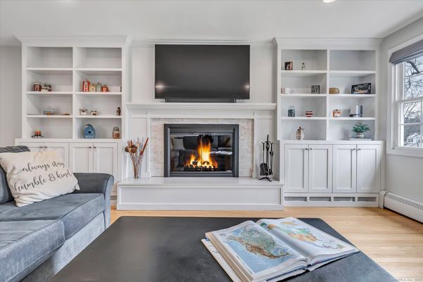 Fireplace, Interior, Recessed Lighting, Wood Texture Flooring