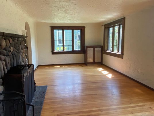 Empty room, Fireplace, Interior, Stone Walls, Wood Texture Flooring