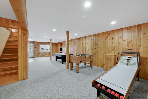 Billiard Table, Game Room, Interior, Recessed Lighting, Wooden Walls
