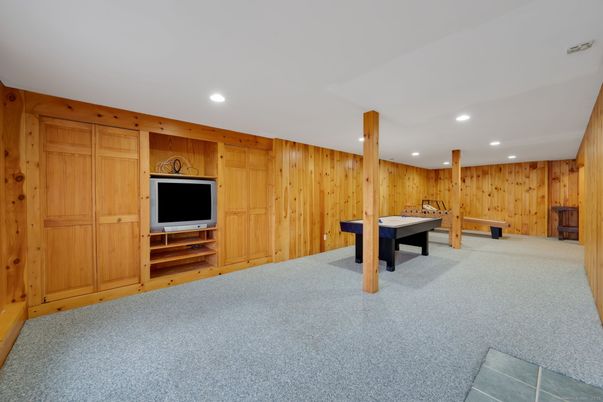 Billiard Table, Game Room, Interior, Recessed Lighting, Wooden Walls