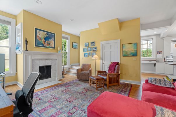 Fireplace, Interior, Recessed Lighting, Wood Texture Flooring
