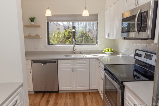 Interior, Kitchen, Pendant Lights, Stainless Steel Appliances, Wood Texture Flooring
