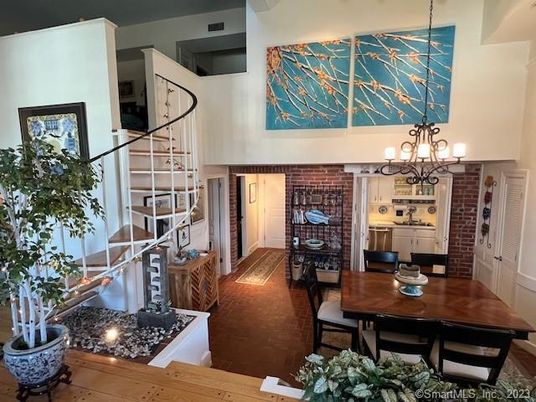 Chandelier, Dining room, Interior, Stone Walls, Wood Texture Flooring