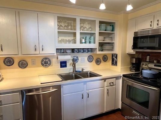 Interior, Kitchen, Pendant Lights, Stainless Steel Appliances, Wood Texture Flooring
