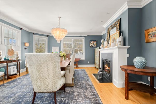 Chandelier, Dining room, Fireplace, Interior, Wood Texture Flooring