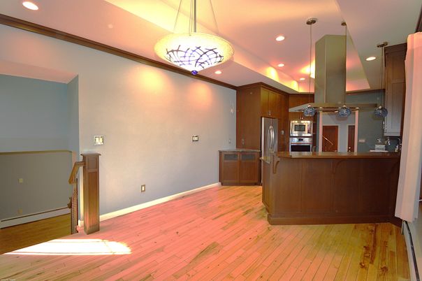 Interior, Kitchen, Pendant Lights, Recessed Lighting, Stainless Steel Appliances, Wood Texture Flooring