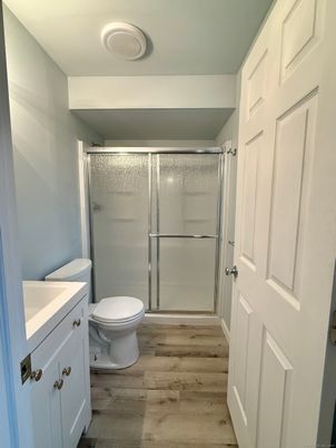 Bathroom, Glass Shower, Interior, Wood Texture Flooring