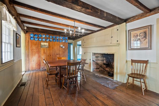 Chandelier, Dining room, Fireplace, Interior, Pendant Lights, Wooden Beams, Wood Texture Flooring, Wooden Walls