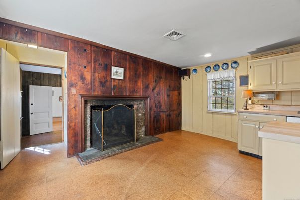 Fireplace, Interior, Kitchen, Recessed Lighting, Wooden Walls