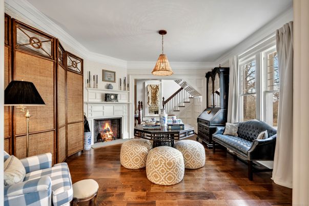Fireplace, Interior, Living room, Pendant Lights, Wood Texture Flooring