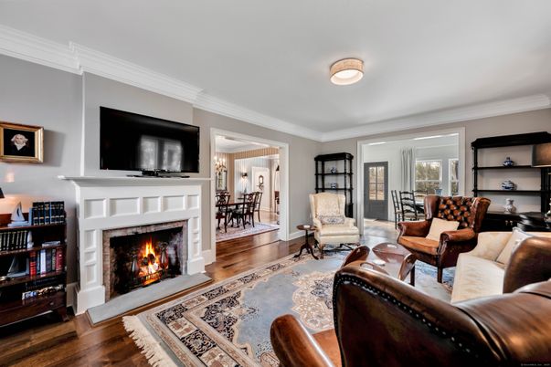 Dining room, Fireplace, Interior, Living room, Wood Texture Flooring