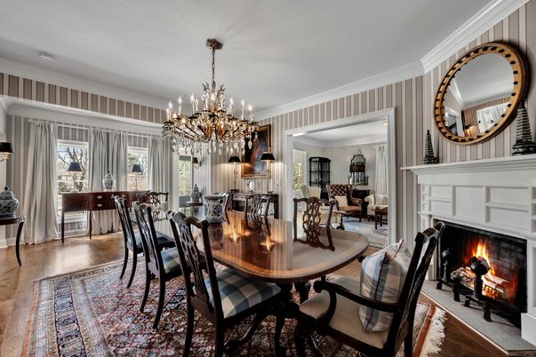 Chandelier, Dining room, Fireplace, Interior, Living room, Wood Texture Flooring