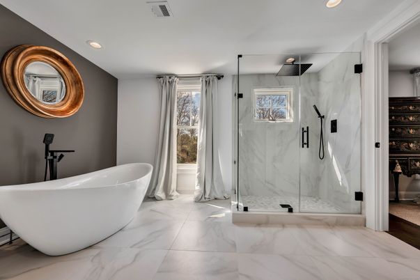 Bathroom, Free Standing Baths, Glass Shower, Interior, Marble, Marble Walls, Recessed Lighting