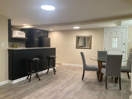 Dining room, Interior, Kitchen, Recessed Lighting, Wood Texture Flooring