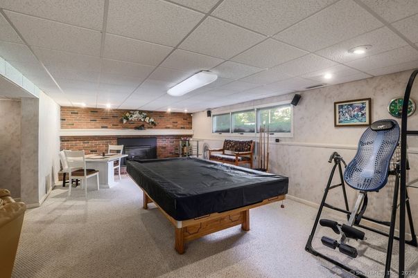 Billiard Table, Game Room, Interior, Recessed Lighting, Stone Walls