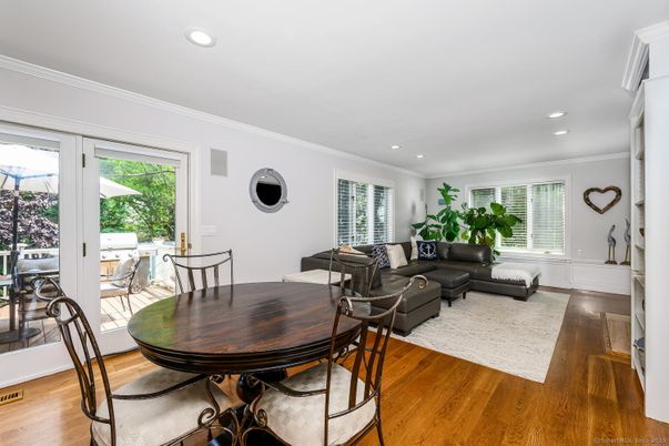 Dining room, Interior, Living room, Recessed Lighting, Wood Texture Flooring