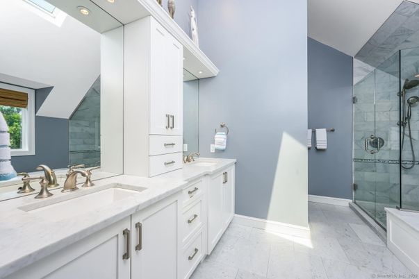 Bathroom, Dual Sink Vanities, Glass Shower, Interior, Marble Walls