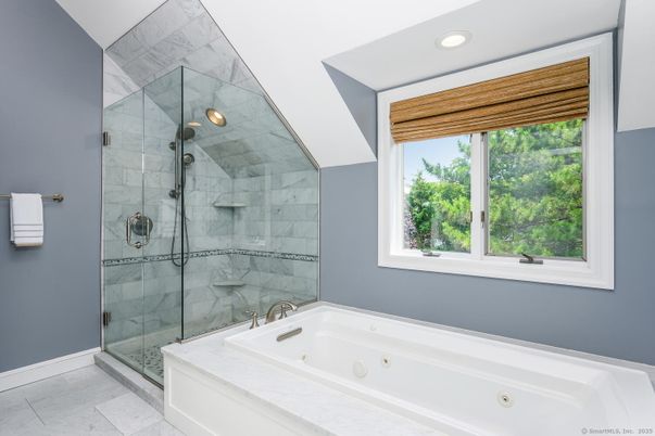 Bathroom, Glass Shower, Interior, Marble Walls, Recessed Lighting