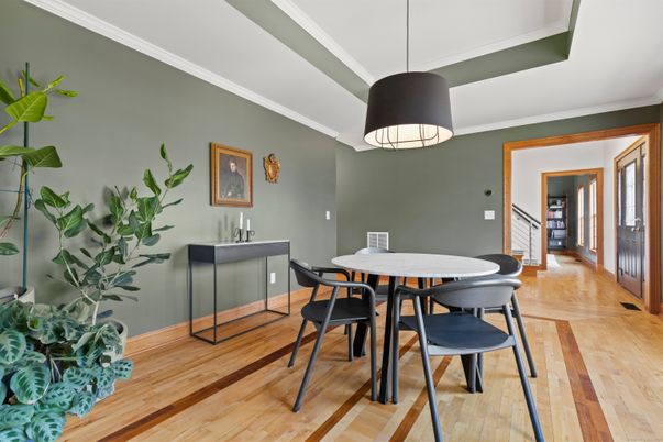 Dining room, Interior, Pendant Lights, Wood Texture Flooring